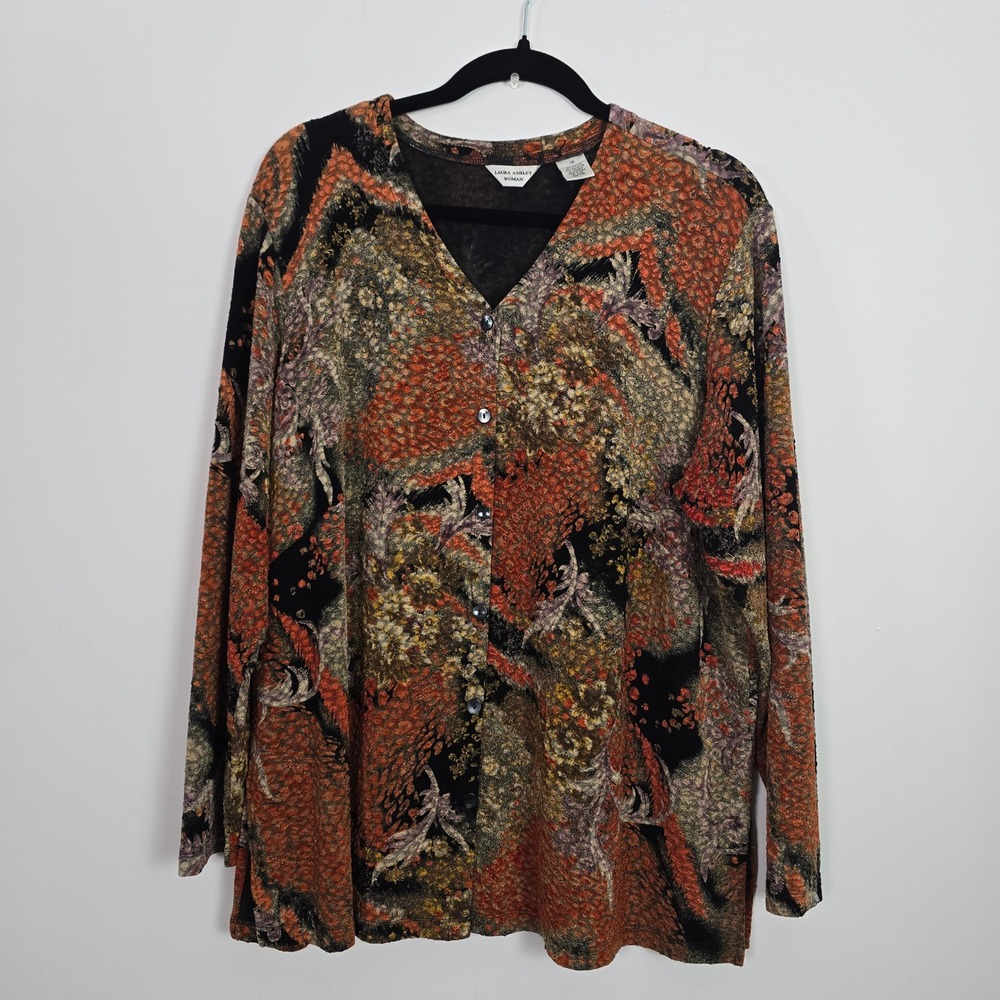 VTG Laura Ashley Top Blouse Womens 1X Orange Abstract Floral Artsy Lagenlook